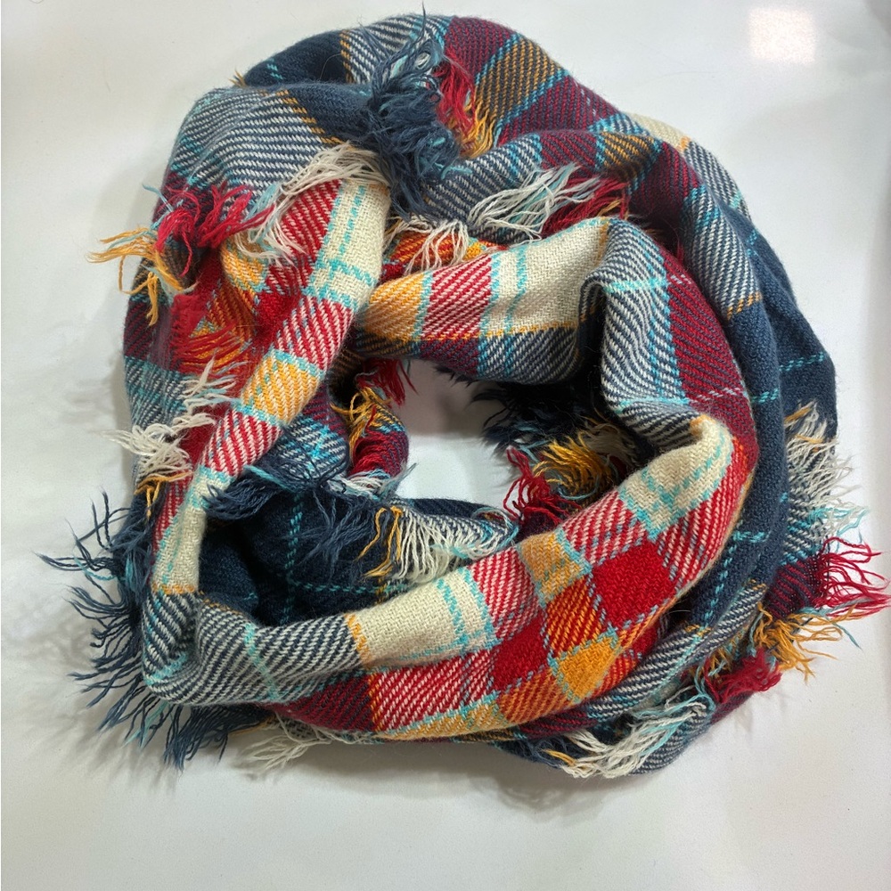 Plaid Fringe Infinity Scarf - Multicolor